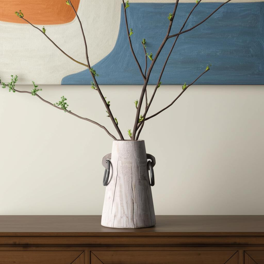 10" Beige Cylinder Solid Wood Jug Vase